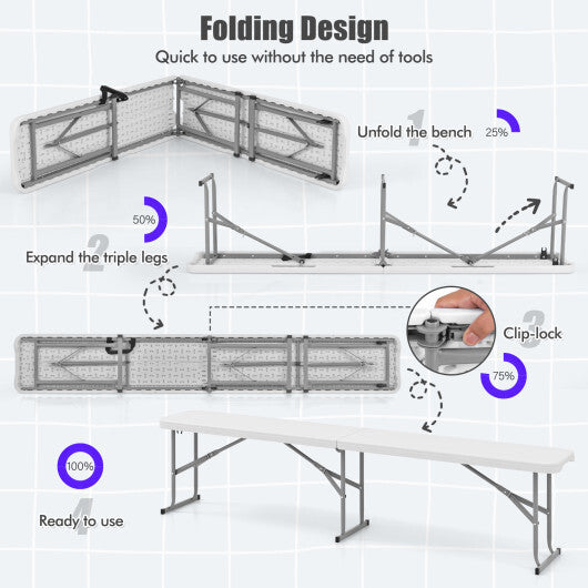 Load image into Gallery viewer, 6 Feet Plastic Folding Bench Picnic Camping Dining Seat with Carrying Handle-White - Color: White - Size: 6 ft
